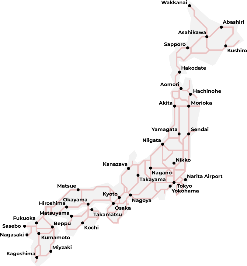 Mappa della rete Japan Rail (JR) e dei percorsi ferroviari in Giappone.