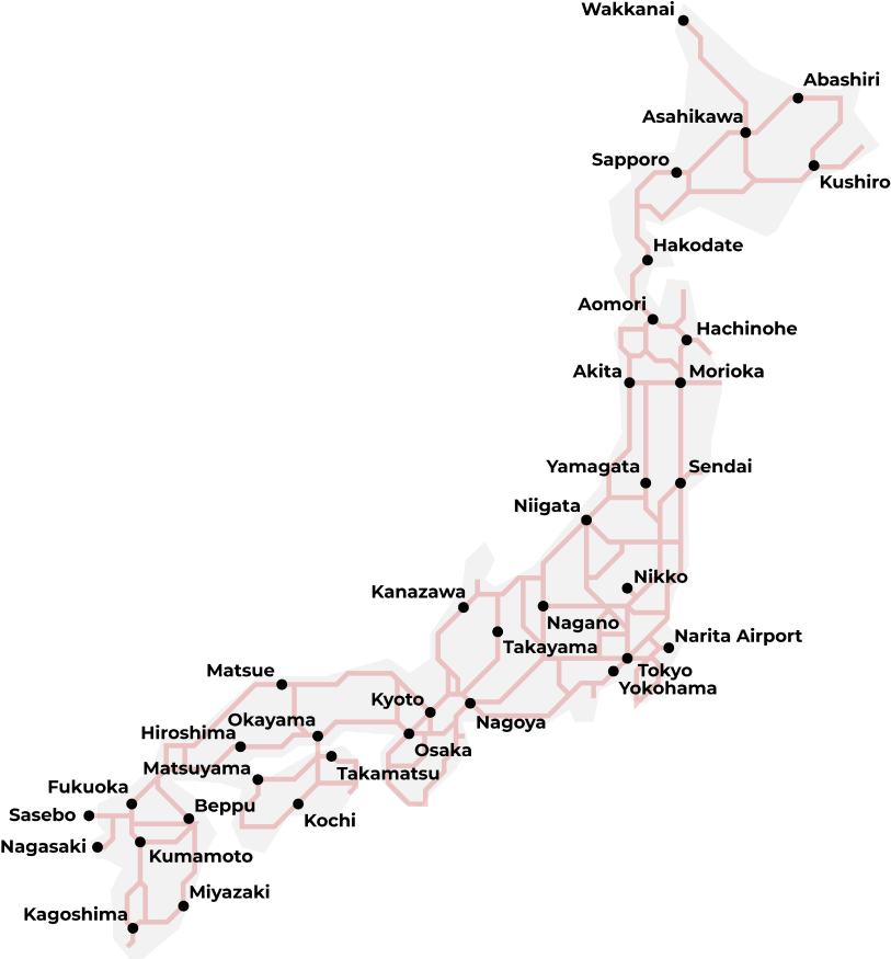 Mappa semplificata del Giappone che mostra dove il Japan Rail Pass può essere utilizzato