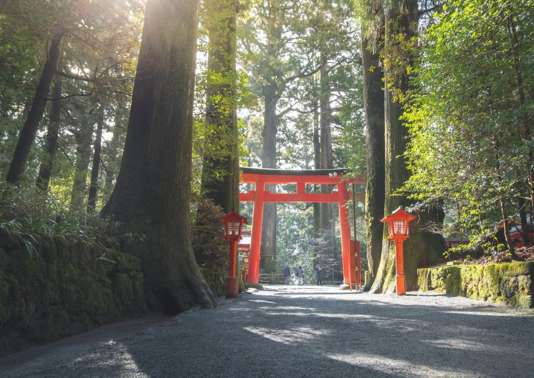 Torii o portale rosso del tempio giapponese al Santuario di Hakone sul Lago Ashi, nella città di Hakone, Giappone