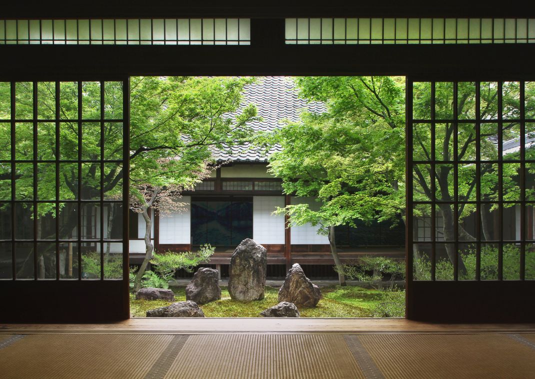 un tipico giardino giapponese a Kyoto con alberi e piante