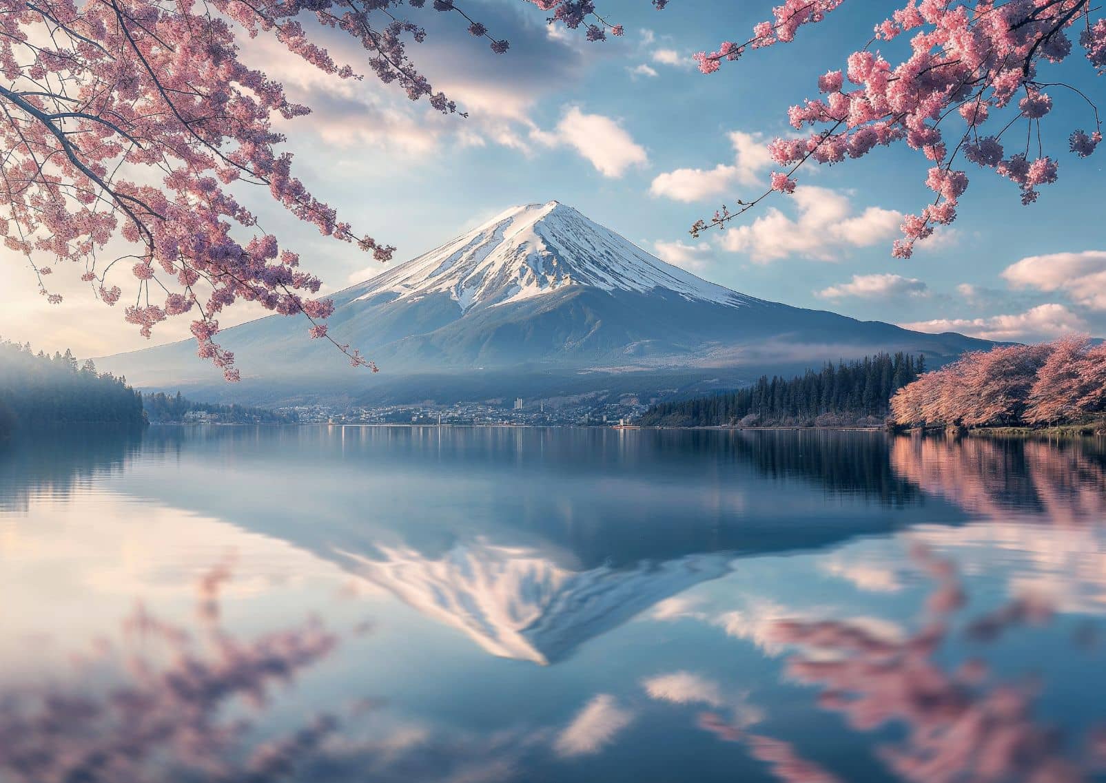 Il Monte Fuji circondato dai ciliegi in fiore durante la primavera in Giappone