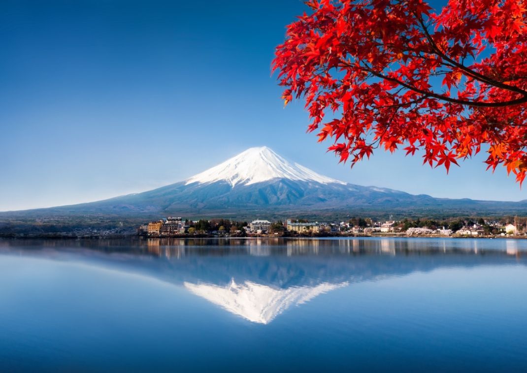 Monte Fuji con un acero rosso in autunno, Giappone