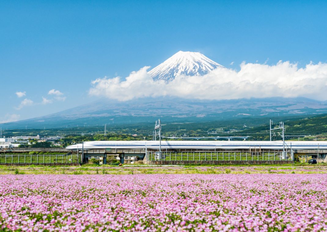 Il treno proiettile Shinkansen passa davanti al monte Fuji