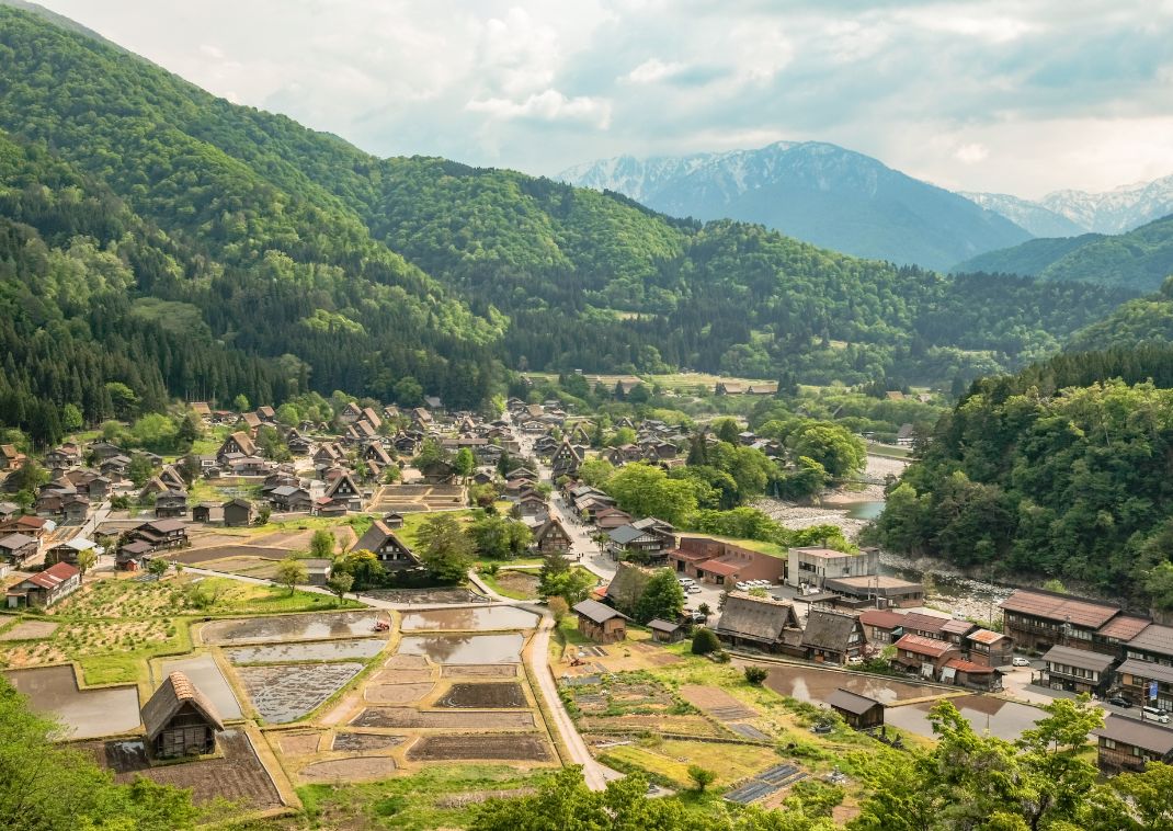 Vista panoramica del villaggio di Gokayama in primavera, con case tradizionali dal tetto in paglia, risaie e rigogliose montagne verdi sullo sfondo.