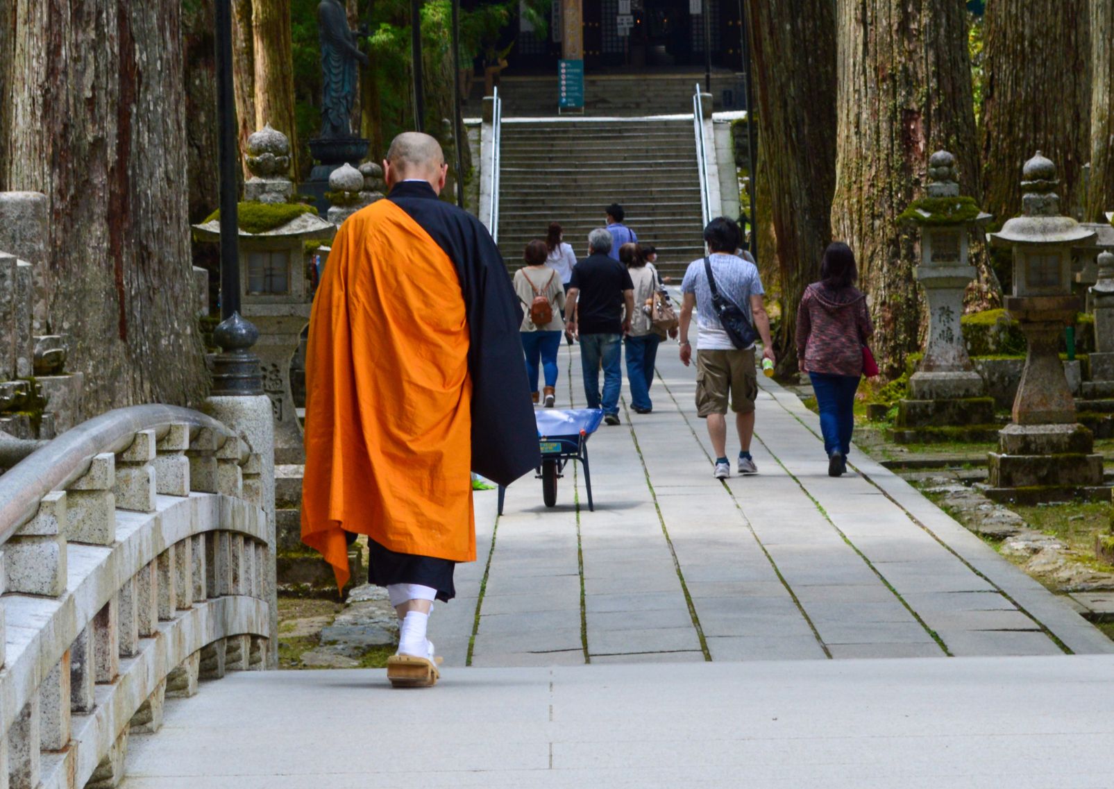 
Monaco buddista che cammina verso un tempio sul Monte Koya, Giappone