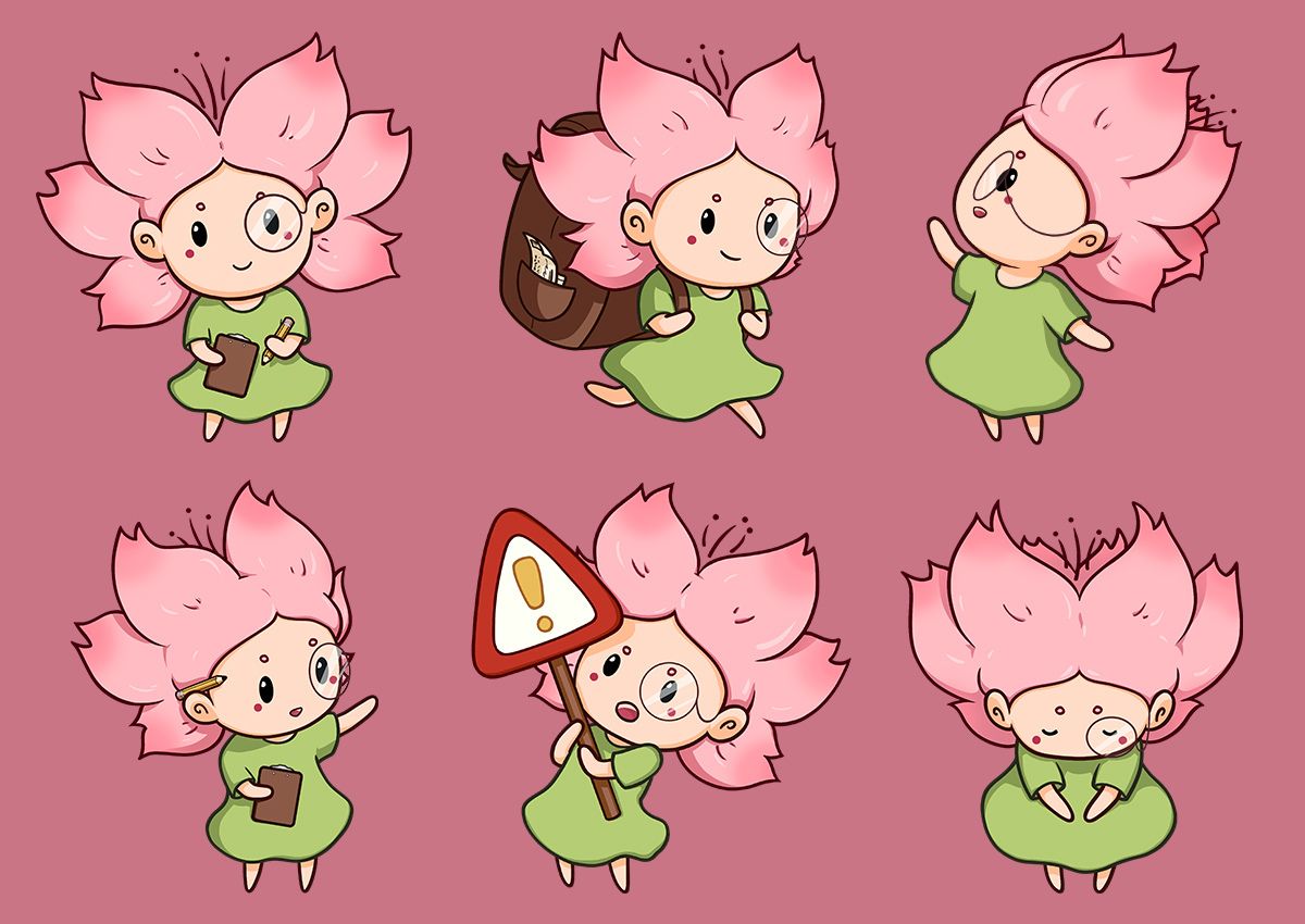 Sei versioni della mascotte Mono-chan