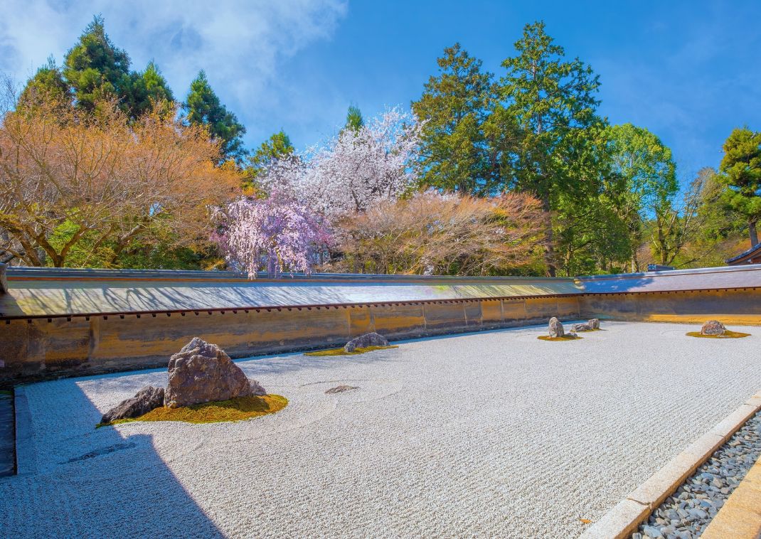 Ghiaia bianca rastrellata attorno alle rocce nel giardino zen del Tempio Ryoanji, Kyoto