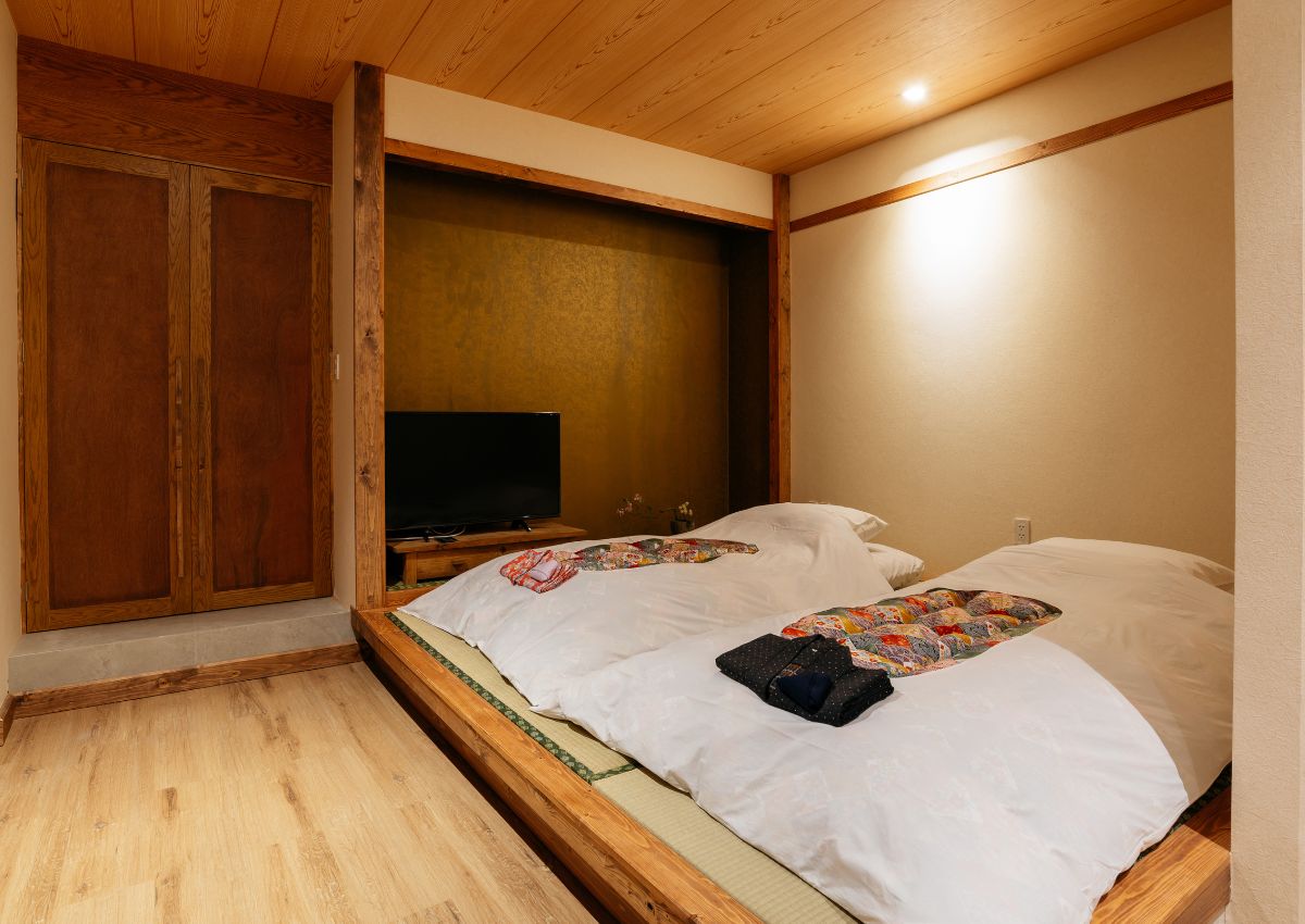 Interno di un tradizionale ryokan giapponese a Tsumago, sulla Via Nakasendo, Giappone