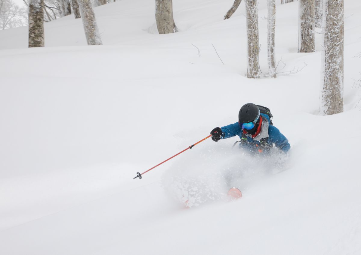 Sciare sulla neve fresca nella stazione sciistica di Hakuba, in Giappone
