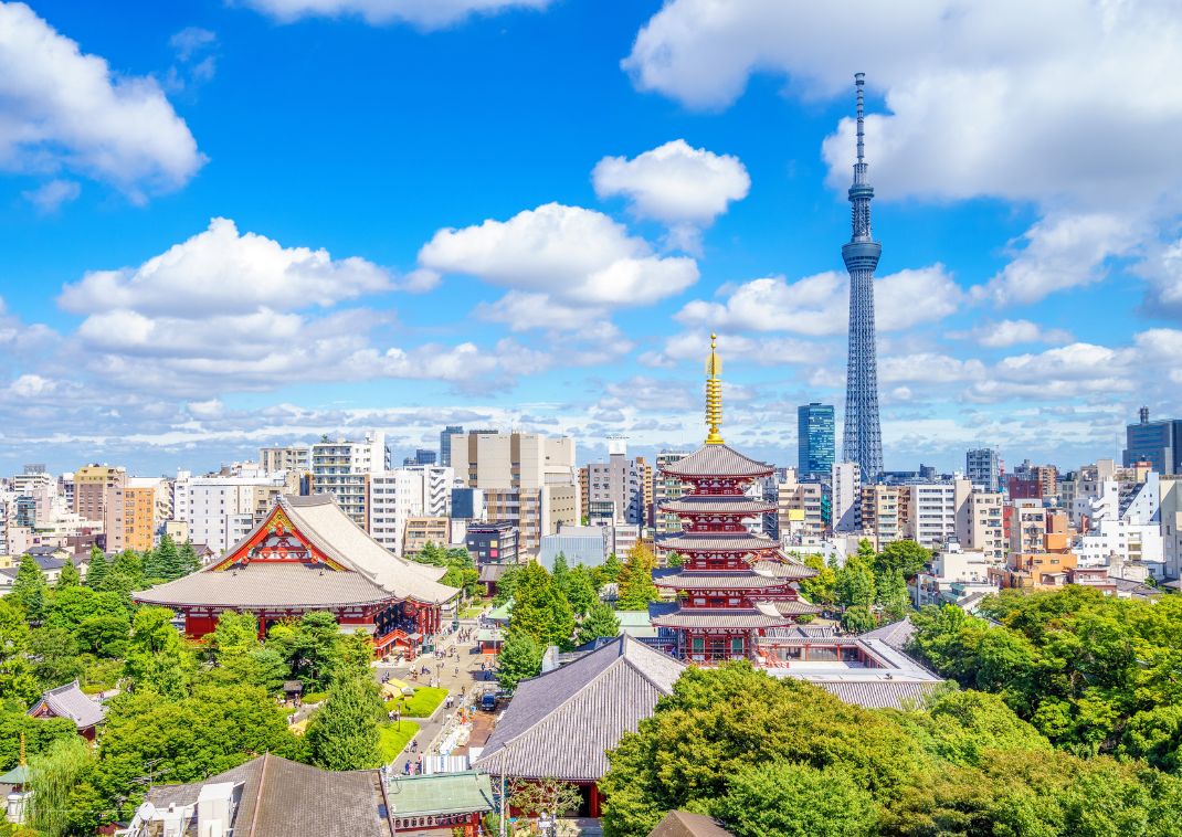 Veduta aerea della città di Tokyo con il tempio Sensoji