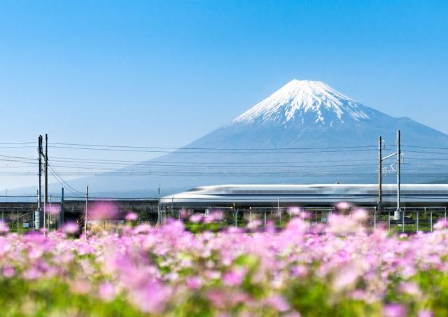 Il treno proiettile Shinkansen passa davanti al monte Fuji 