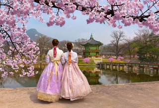 Fiori di ciliegio in primavera con abiti tradizionali coreani al Palazzo Gyeongbokgung, Seul, Corea del Sud