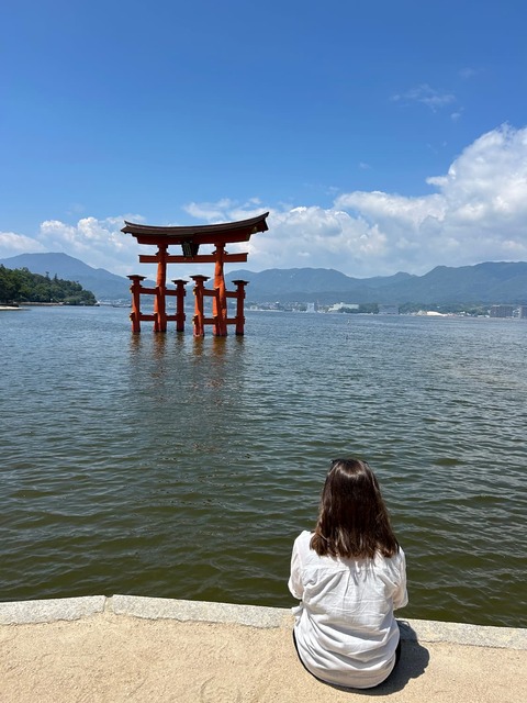 Contemplando il grande Torii di Miyajima