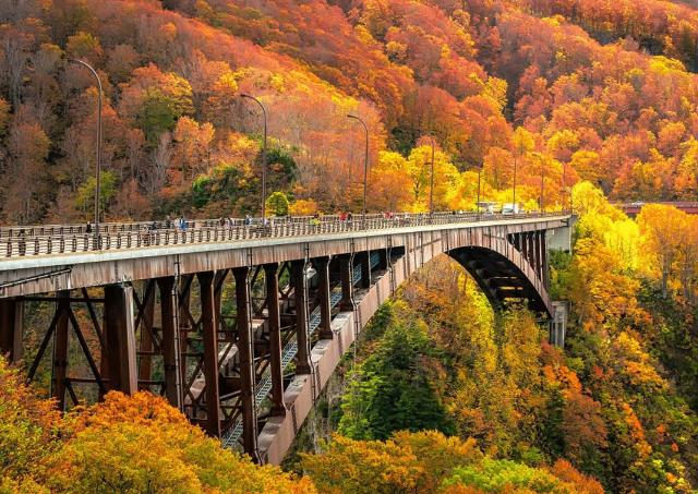 Ponte Jogakura nella prefettura di Aomori con foglie autunnali sullo sfondo. Una vista meravigliosa del fiume Jyogakura-keiryu, un posto famoso nel Towada-Hachimantai National Park